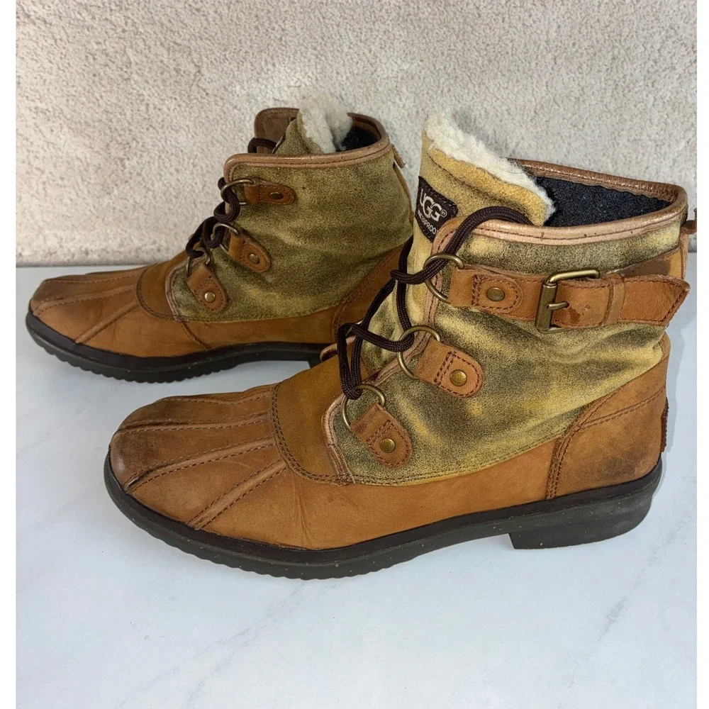 UGG Tan Leather Suede Duck Boots - 10 - Waterproof Shearling 1007999 Winter
